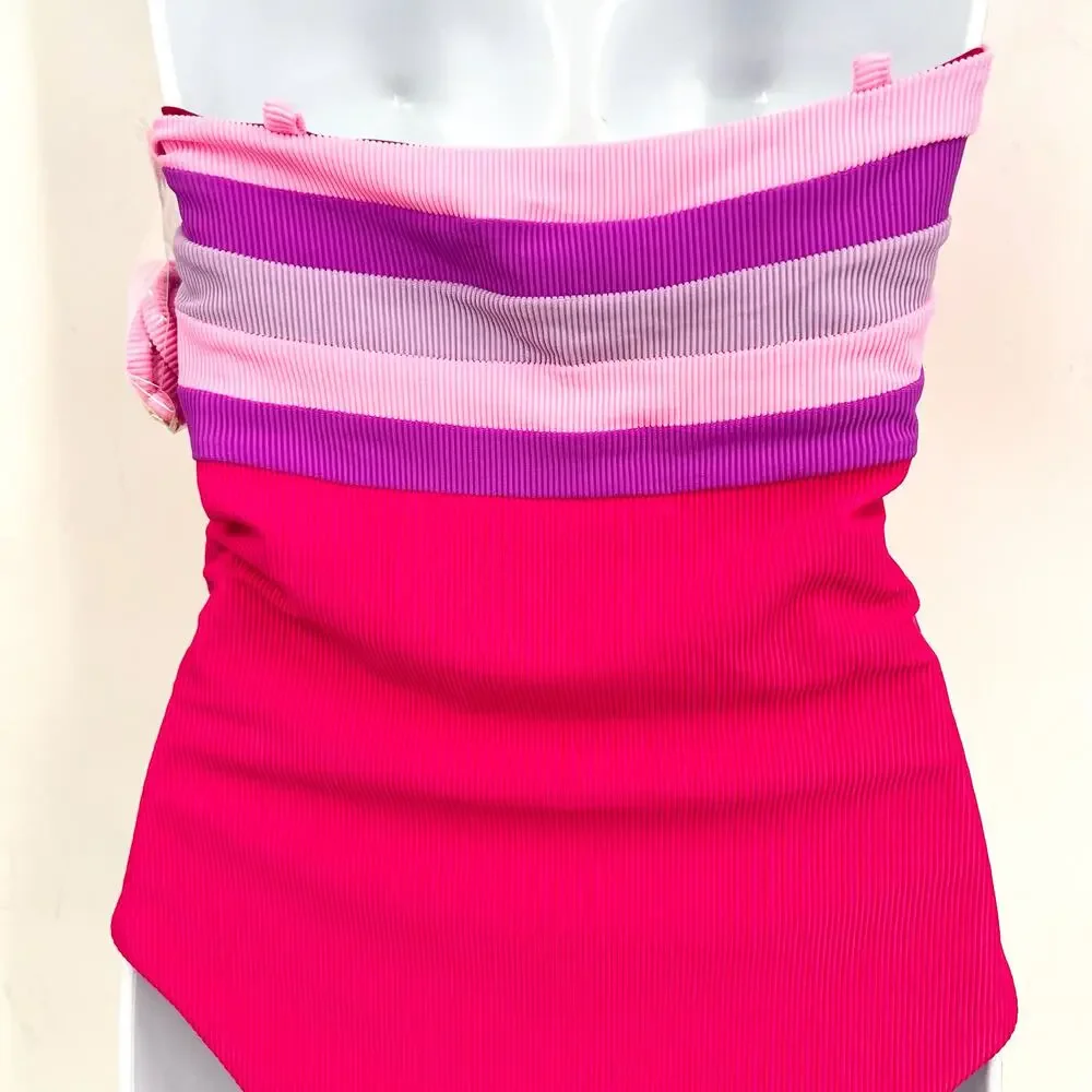 BEACH RIOT Jessa Bandeau One Piece Swimsuit Small Pink Raspberry Colorblock NWT - Picture 7 of 12